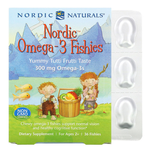 Nordic Naturals, Рыбки Nordic Omega-3 со вкусом тутти-фрутти для детей в возрасте от 2 лет, 300 мг, 36 рыбок