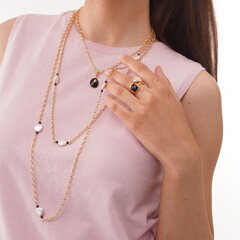 Латунная цепочка с Жемчугом и Агатом, gold