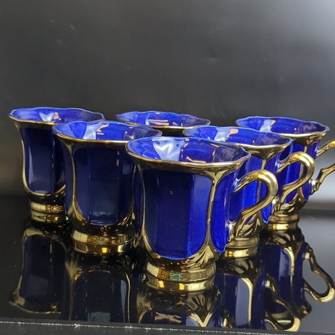 Чайные чашки набор из 6 штук, кобальт с позолотой, роспись "Жар-птица", изящные, (объём-? мл), винтаж СССР 1970-1990 гг