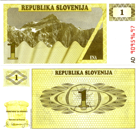 Республика Словения . Банкнота 1 толар 1990 г. Пресс UNC