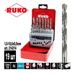 Набор сверл по металлу 1-10мм 19шт DIN338 HSS-G 118° (мет. кейс) Ruko 214214
