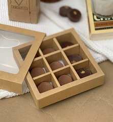 Коробка для 9 конфет с окном КРАФТ 14х14х3 см