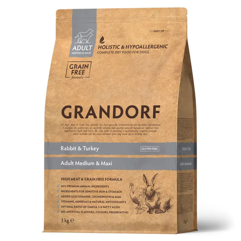 Сухой корм Grandorf Dog Rabbit&Turkey MED&MAXI, для собак средних/крупных пород, кролик/индейка, 3кг