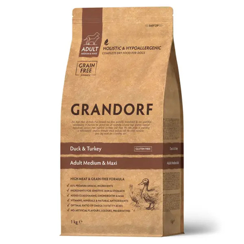 Сухой корм Grandorf Dog Duck&Turkey MED&MAXI, для собак средних/крупных пород, утка и индейка, 1 кг