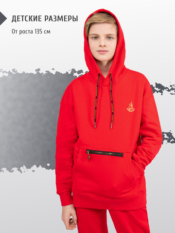 Худи красного цвета с логотипом, без лампасов. Плотный футер