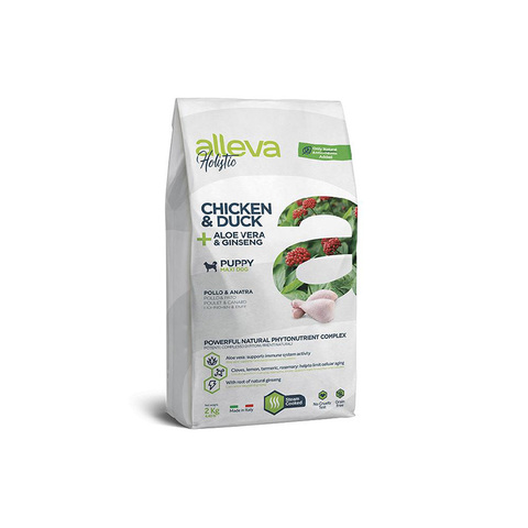 Беззерновой корм Alleva Holistic, для щенков крупных пород, курица/утка/алоэ/женьшень, 2 кг