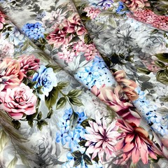 Ткань шелк матовый с эластаном розовые и голубые цветы 1089