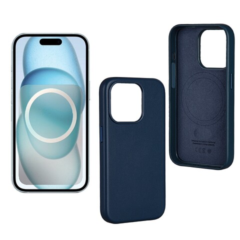 Чехол из натуральной кожи с магнитом (MagSafe) Leather Case Premium для iPhone 15 Pro (Синий)