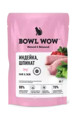 BOWL WOW БОУЛ ВАУ Влажный корм для кошек здоровье кожи и шерсти индейка и шпинат , 85г