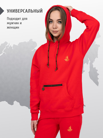 Худи красного цвета с логотипом, без лампасов. Плотный футер