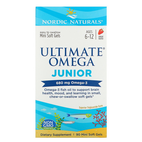 Nordic Naturals, Ultimate Omega Junior, для детей от 6 до 12 лет, со вкусом клубники, 680 мг, 90 мини-капсул
