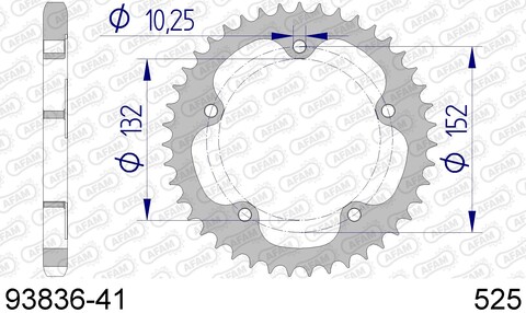 93836-41 звезда задняя (ведомая) алюминиевая, 525, AFAM