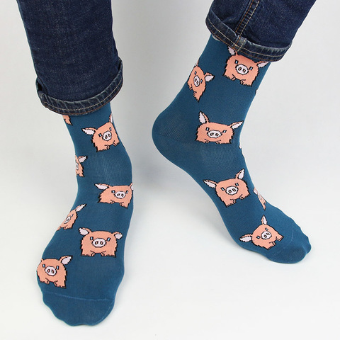 Носки с рисунком свиньи синие оптом