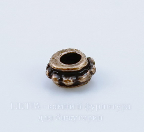 Бусина металлическая - спейсер 6х3 мм (цвет - античная медь), 10 штук