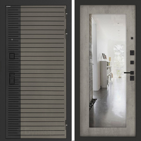 Входная металлическая дверь с зеркалом Бункер HIT Хит B-15 Веллюто кофе / зеркало ФЛЗ - 603 Бетон светлый