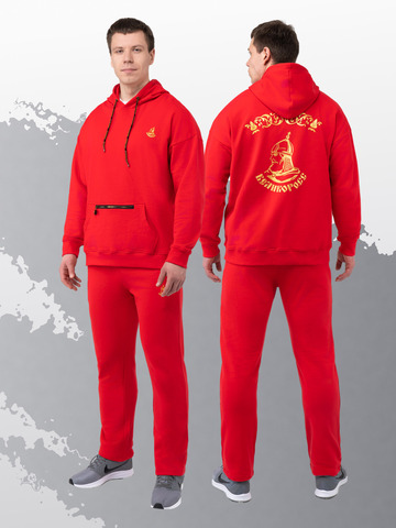 Худи красного цвета с логотипом, без лампасов. Плотный футер