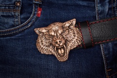 Кожаный ремень «Волк Одиночка», бронза