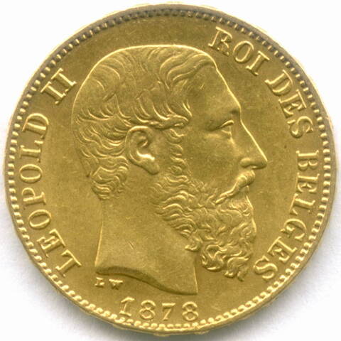 20 франков 1878 год. Бельгия. Леопольд II. Золото XF-AU