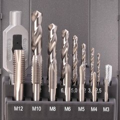 Набор метчиков однопроходных M3 -M12 HSS-G DIN352 (+ вороток, сверла) 15пр Ruko 245004RO(АКЦИЯ)