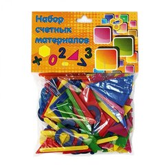 
          Набор счетных материалов, ПЧЕЛКА, пластик, 6 геомет. фигур, счет. палочки, цифры, мат. знаки, пакет с европодвесом