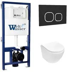 Унитаз с инсталляцией WeltWasser BAMBERG 525+MERZBACH 043 MT-WT+BAMBERG BL белый матовый/кнопка черная, безободковый, с крышкой микролифт, слив торнадо