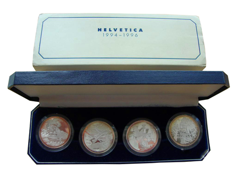 Набор из 4 монет 20 франков. Гельветика. Швейцария. Серебро. 1994-1996 год. PROOF