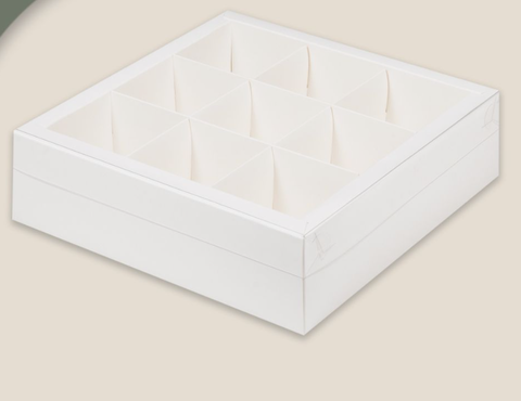 Короб для ассорти десертов с пластиковой крышкой, 24*24*7, 9 ячеек, белый