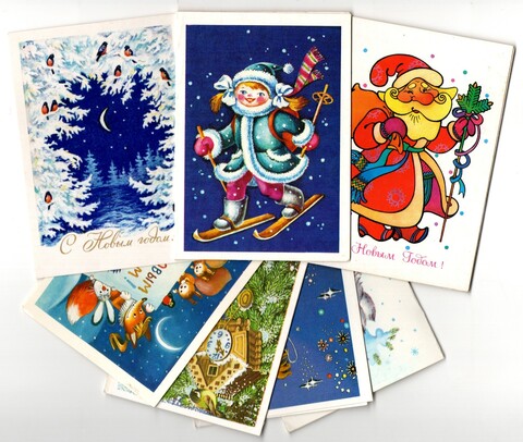 Подборка Новогодних поздравительных мини открыток — 7 штук — разные — чистые, без повторов - СССР