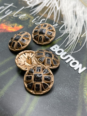 Пуговицы матовый золотистый металл с черной эмалью блестками и квадратными деталями
