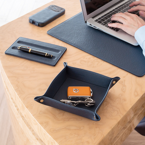 Лоток для мелочей из натуральной кожи теленка, синего цвета