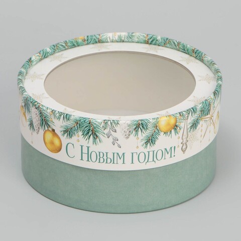 Коробка круглая с окном Новогодние игрушки 12х5 см