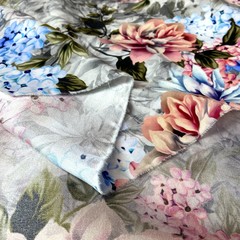 Ткань шелк матовый с эластаном розовые и голубые цветы 1089