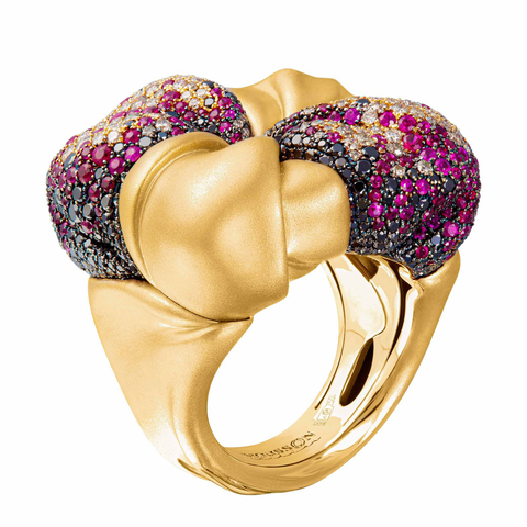 Кольцо с рубинами, черными бриллиантами и бриллиантами шампань, R0132-1/3
