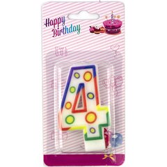 
          Свеча для торта с держателем Alingar, 7,0 см, "Цифра 4", белый цвет, горошек, цветная окантовка, блистер с европодвесом