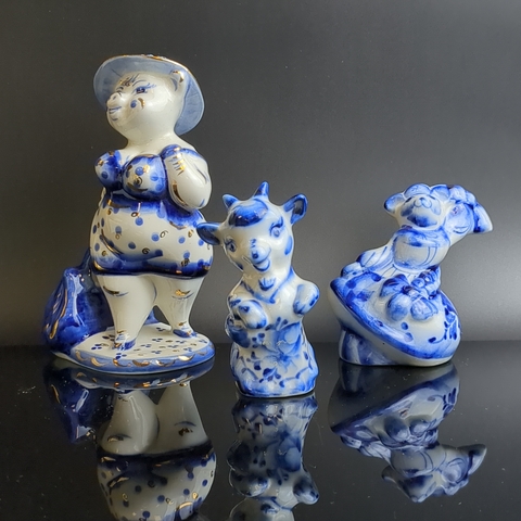 Набор из 3 статуэток Свинка, Козленок, мышка. Гжель, фарфор, роспись