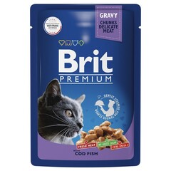 Влажный корм пауч для взрослых кошек Брит BRIT PREMIUM треска в соусе, 85г 14 шт