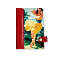 Обложка на автодокументы на кнопке комбинированная "Девушка в желтом платье", красная