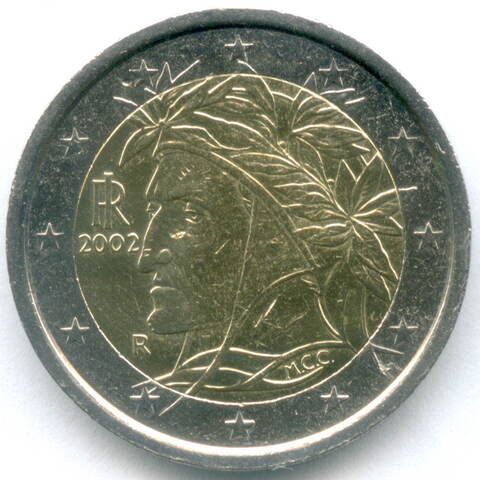 2 евро 2002 год. Италия. Регулярный выпуск. Тип 1. Биметалл XF