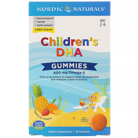 Nordic Naturals, Children's DHA, жевательные таблетки с ДГК, со вкусом тропических фруктов, 600 мг, 30 жевательных таблеток