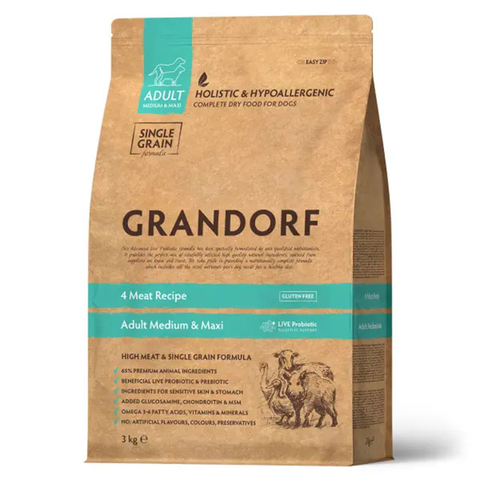 Сухой корм Grandorf Dog 4 Meat PROBIOTIC MED&MAXI, для средних и крупных собак, с пробиотиком, 3 кг