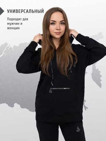 Худи чёрного цвета с логотипом, без лампасов. Плотный футер