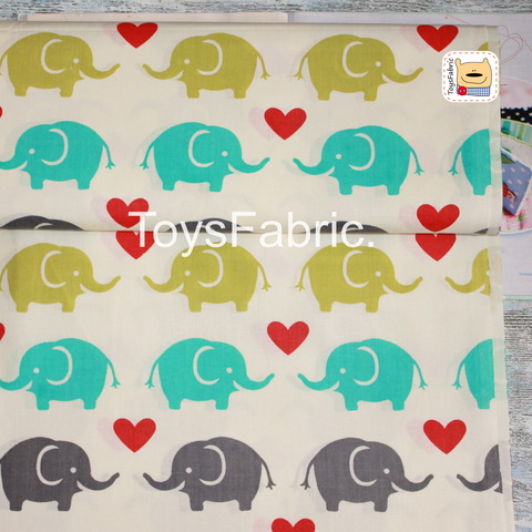 Ткань польский хлопок П240 Влюбленные бирюзовые слоны на молочном (80х50см)