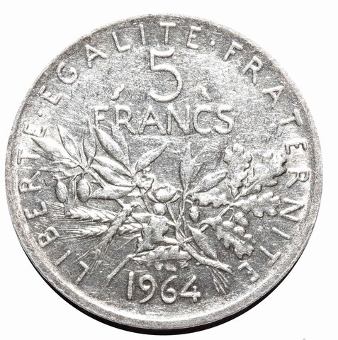 5 франков 1964 год. Франция. Серебро. XF