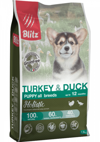 Blitz Holistic Turkey & Duck Puppy, щенки всех пород, сухой, индейка утка (500 г)