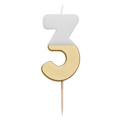Восковая свеча цифра "3" (бело-золотая)