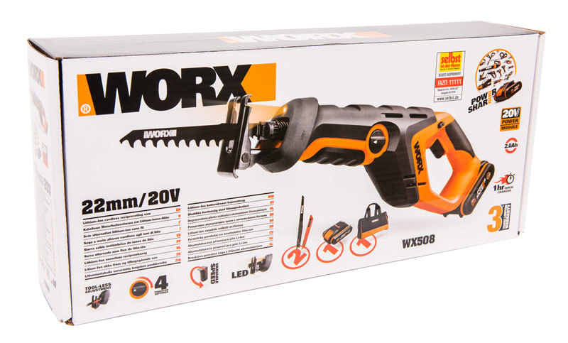 Сабельная пила аккумуляторная WORX WX508, 20В, 2 Ач x1, ЗУ 2А, сумка