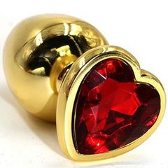 Золотистая анальная втулка с красным кристаллом-сердцем - 7 см. - 