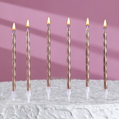 Свечи в торт витые с подставкой, 6 шт, 14 см, шампань