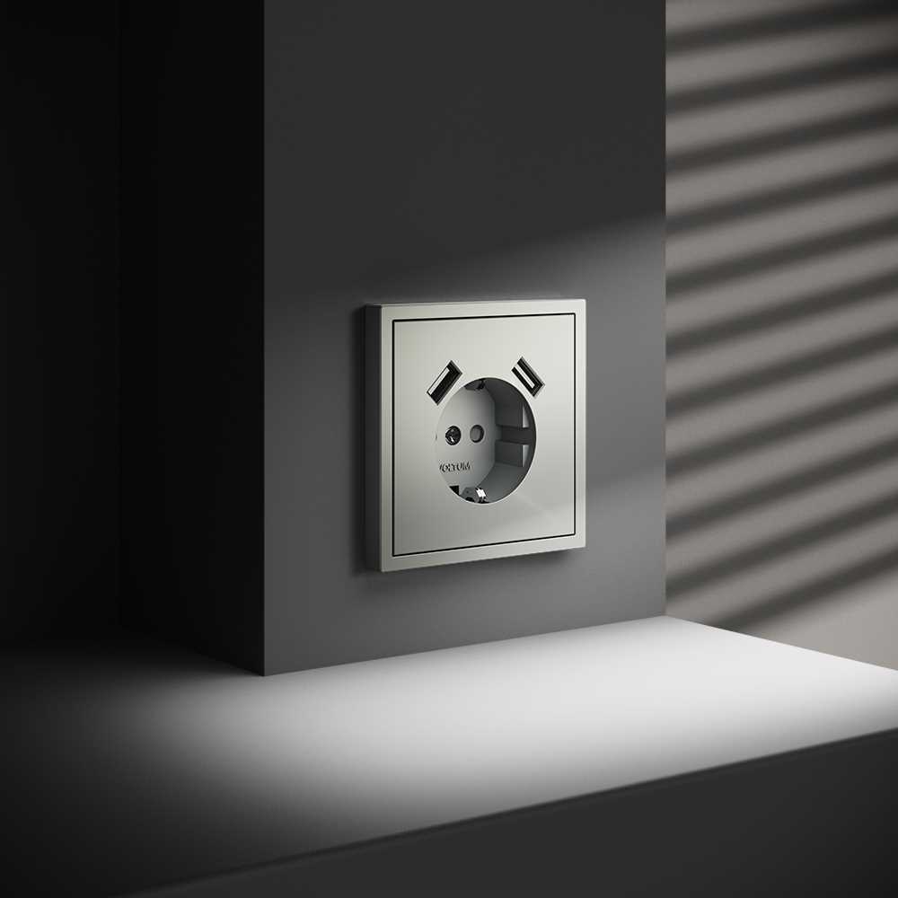 Розетка встраиваемая Voltum S70 с заземлением и защитными шторками, 16А, с USB, A+A, (сталь) VLS040405