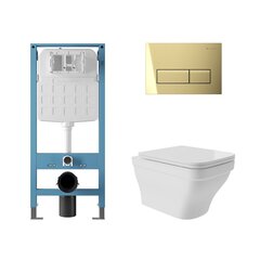 Aqueduto AQDS258 AQD комплект: TECNICA Novo Система инсталляции для подвесного унитаза, RETANGULO Novo Панель смыва, шлифованное золото, ESTETA Унитаз подвесной 520*370 безободковый, сиденье с микролифтом, белый глянцевый фото